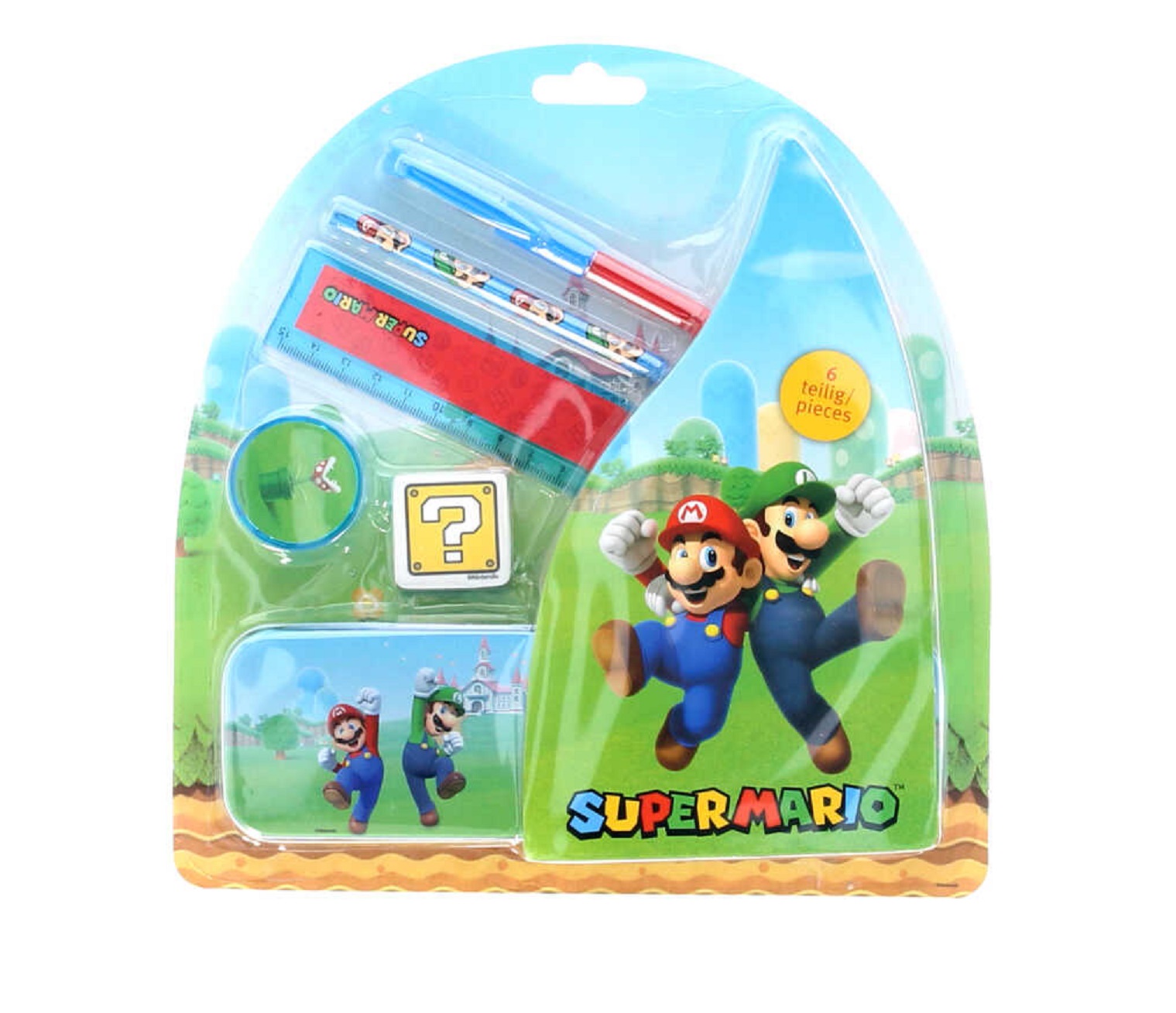 Super Mario 6-teiliges Schulset, Bleistiftbox, Radierer, Spitzer, Stift etc. von Mario & Luigi  - Nintendo