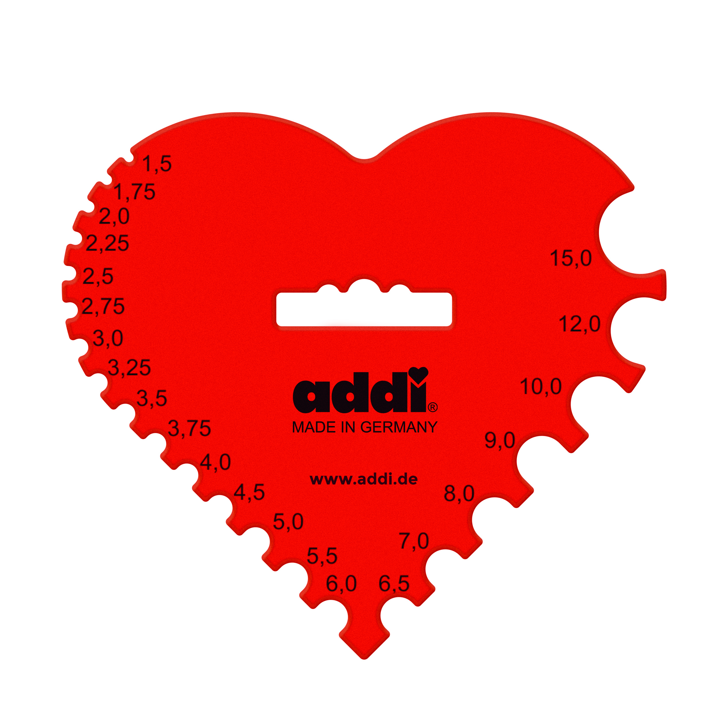 Addi 409-7 Nadelmaß, Kunststoff, rotes Herz, 1,5 – 15 mm Durchmesser