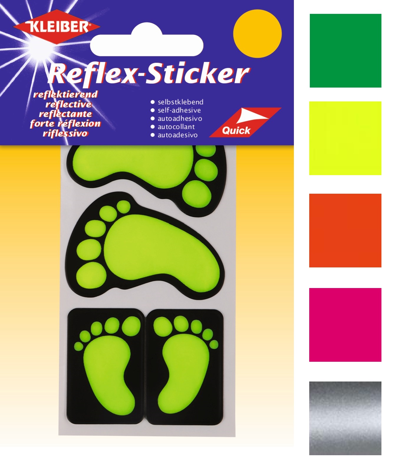 Kleiber Reflex Sticker Füße, 4er Set Reflektor selbstklebend, orange gelb grün pink silber