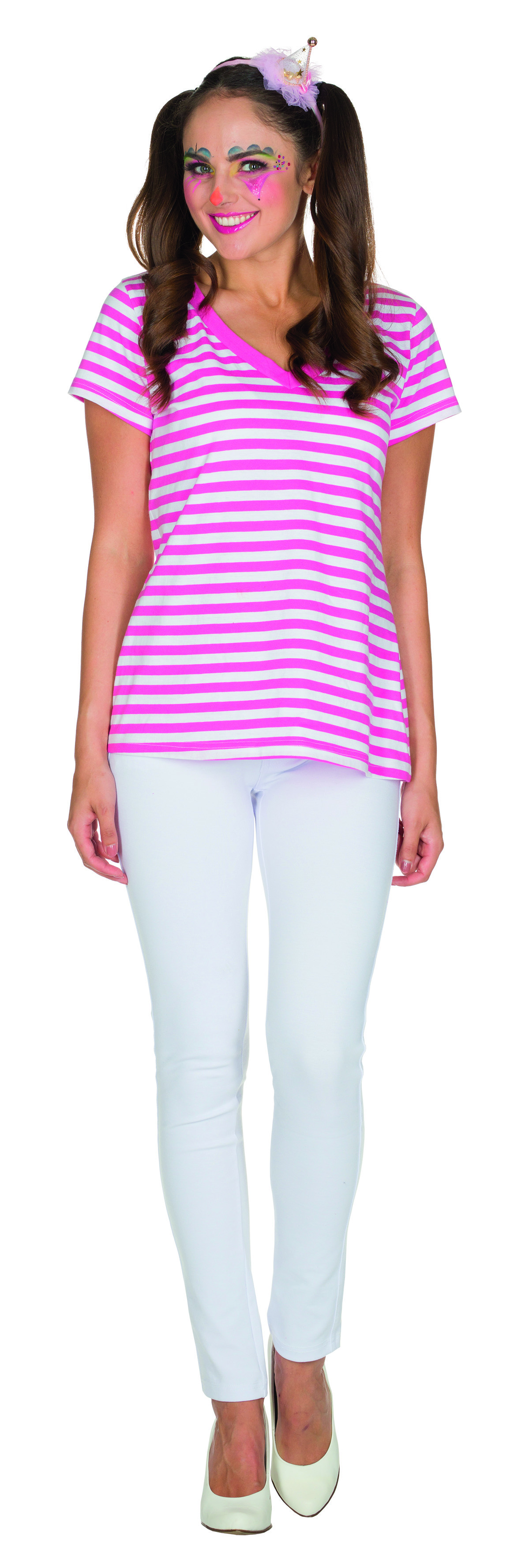 PxP 13345 - Ringel V-Shirt gestreift/geringelt - pink/weiß, 100% Baumwolle, Gr. 34/36 - 46/48