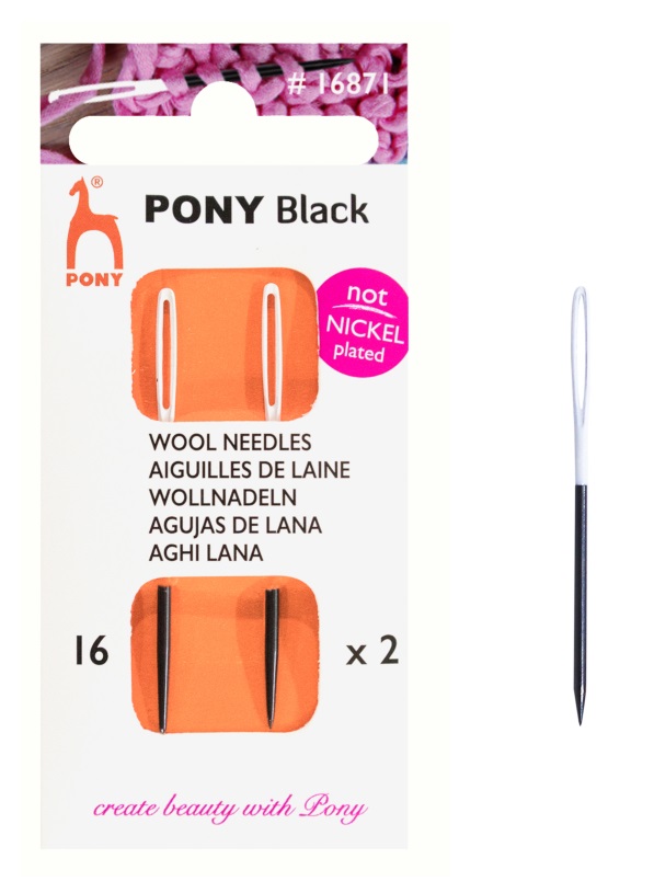 Pony 16871 Black Wollnadeln 2er, Stärke 16, ohne Nickelbeschichtung, schwarze Nadeln