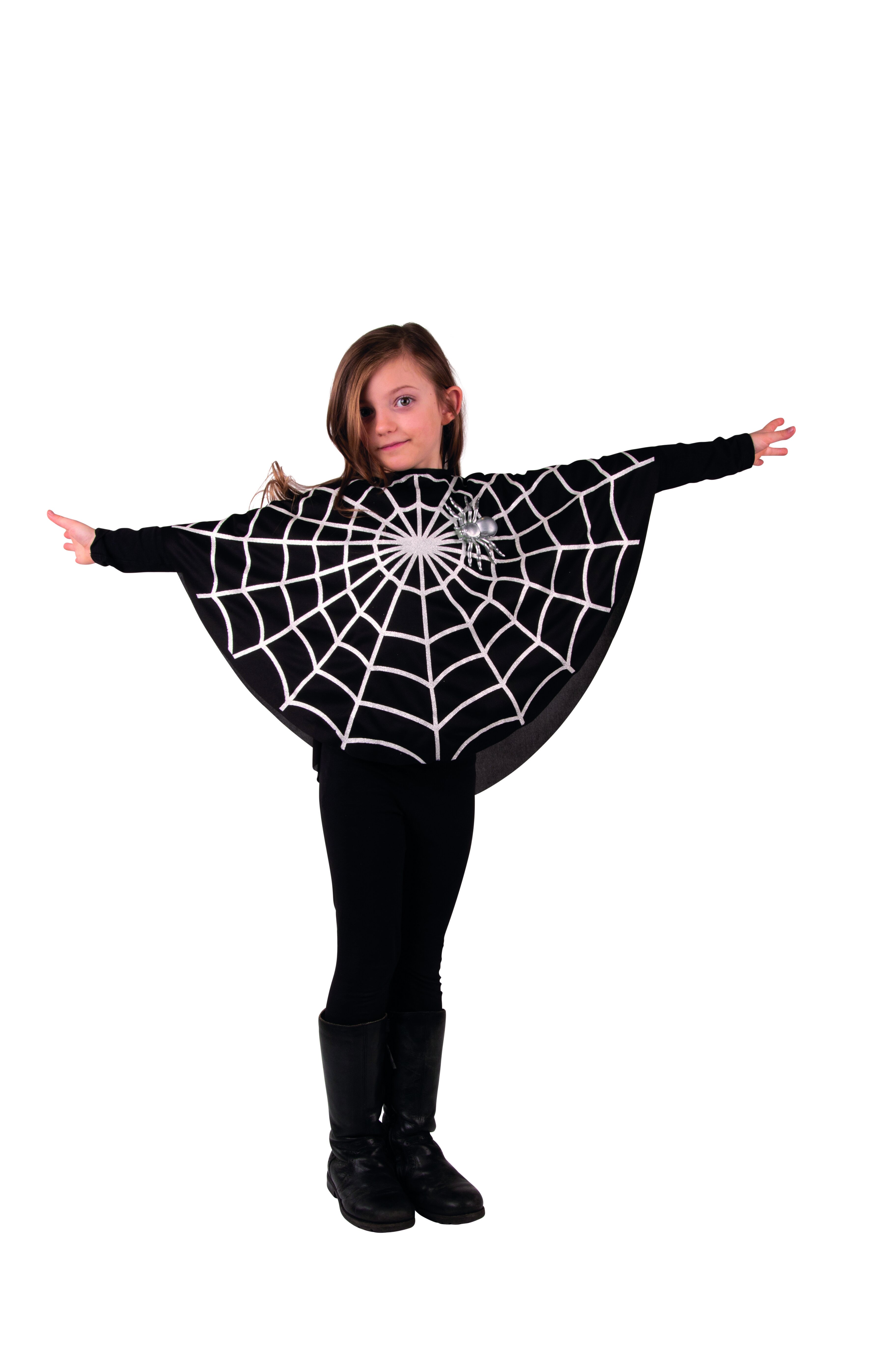 PxP 12702 - Spinne Poncho, Schwarzer Kinder Poncho mit glitzerndem Spinnennetz, Halloween