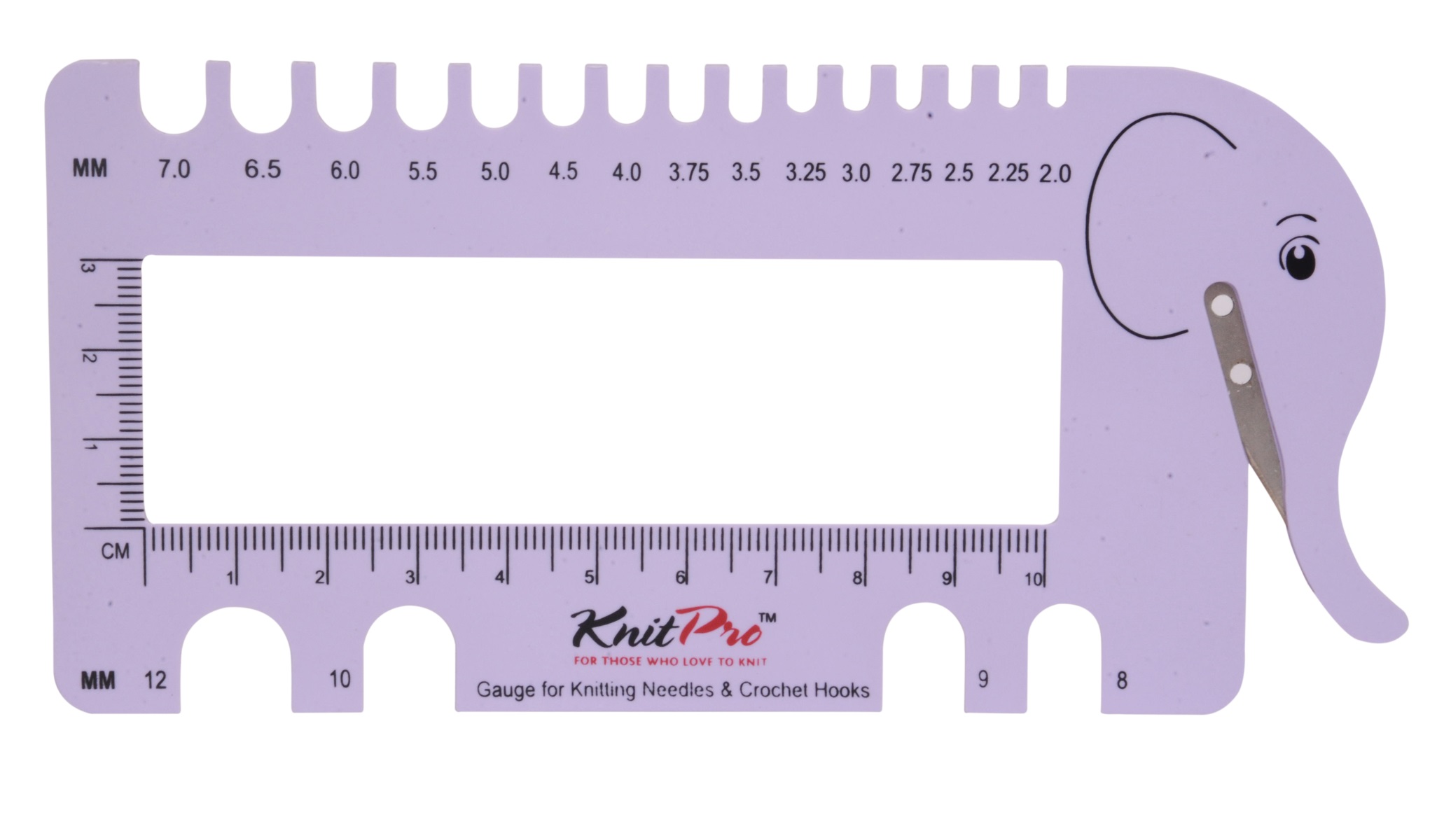 KnitPro 1099x Nadelmaß mit Garn Cutter und Lineal - Elefant lila,rosa 2,0 - 12mm